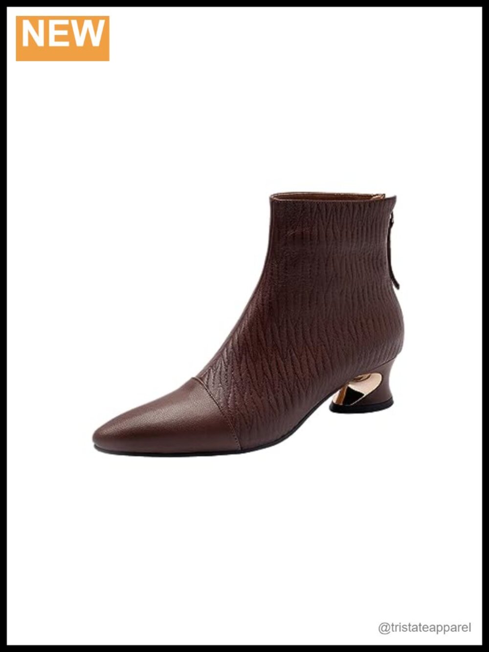 Genuine Leather Pointed Toe Ankle Booties with Back Zipper Low Chunky Heel